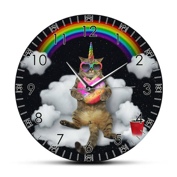 Orologio da parete rotondo gatto unicorno arcobaleno